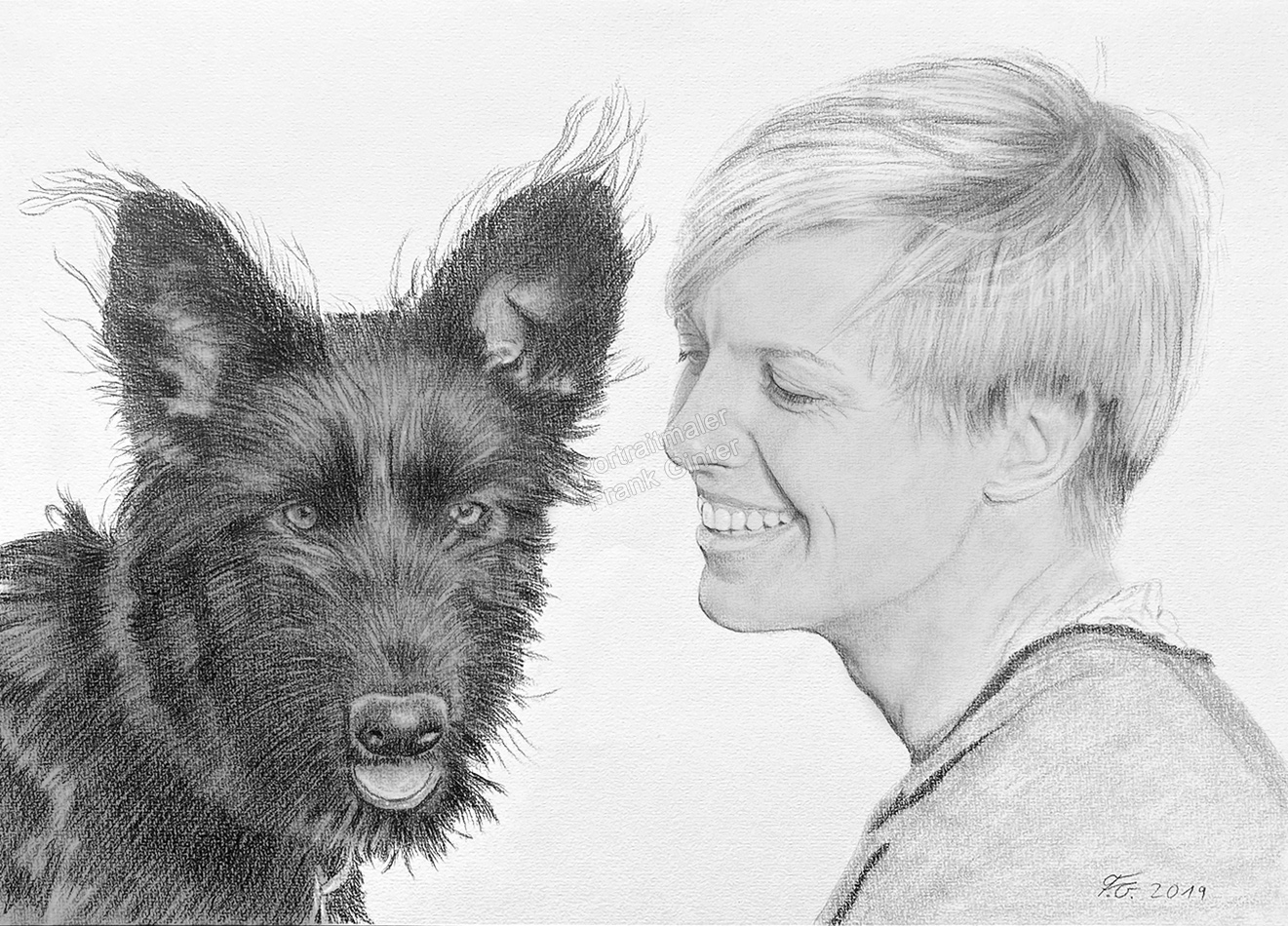 Hundeportraits, eine Frau mit Ihrem Hund gezeichnet - Bleistiftzeichnung