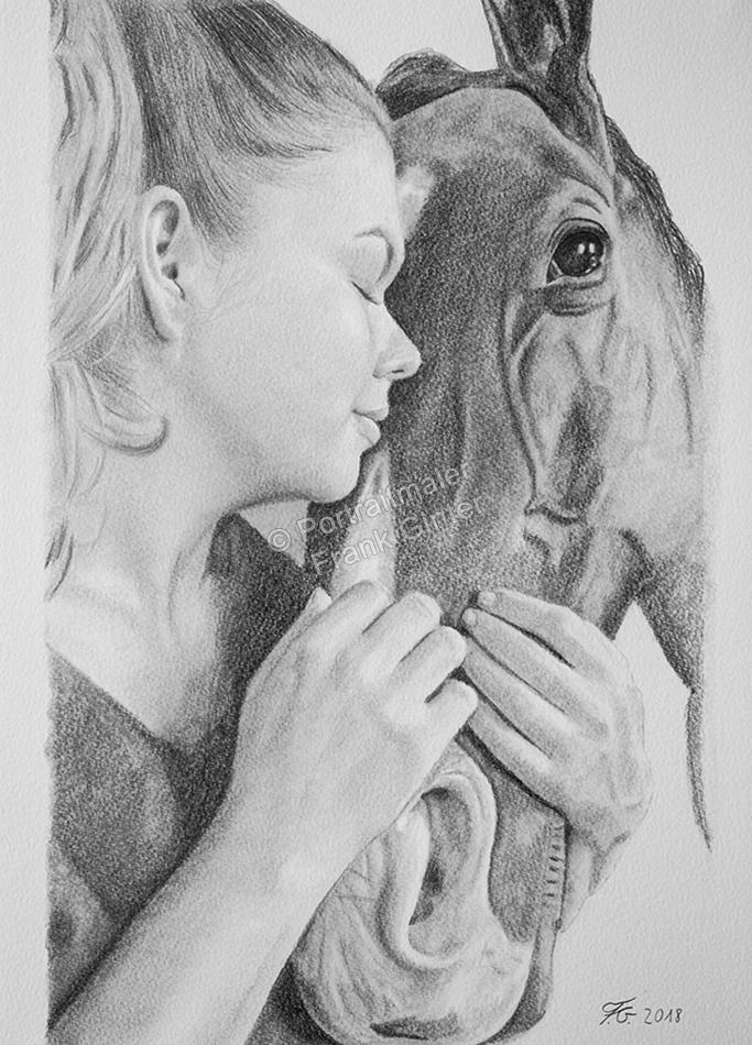 Pferdeportraits - Ein Mädchen und Ihrem Pferd gezeichnet - Bleistiftzeichnung