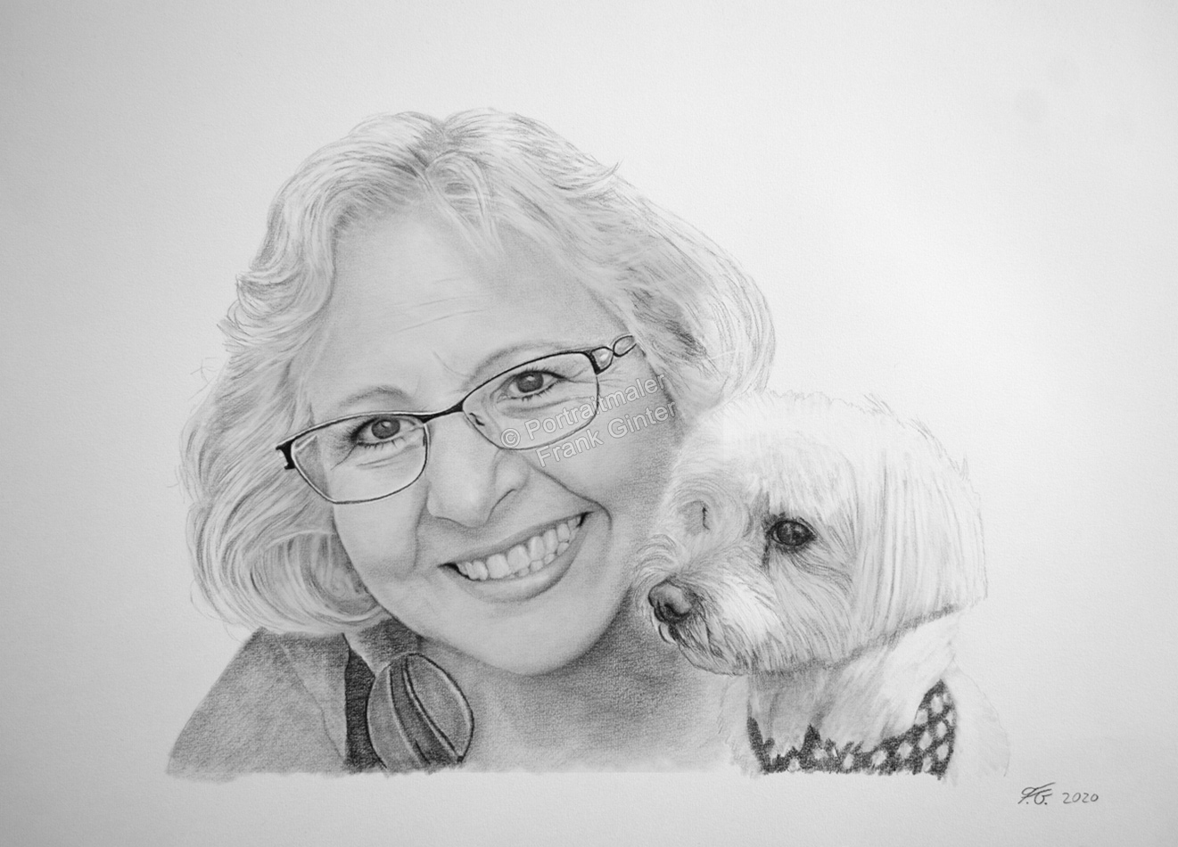 Hundeportraits gezeichnet, eine Frau mit Ihrem Hund - Bleistiftzeichnungen