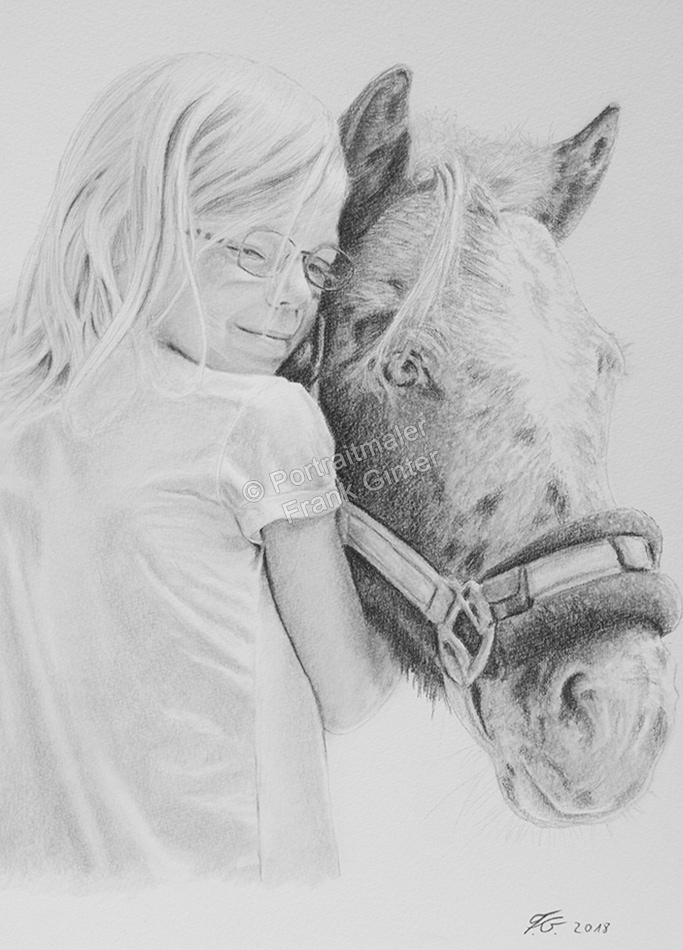 Pferdezeichnungen ein Mädchenmit Ihrem Pferd - Bleistiftzeichnung
