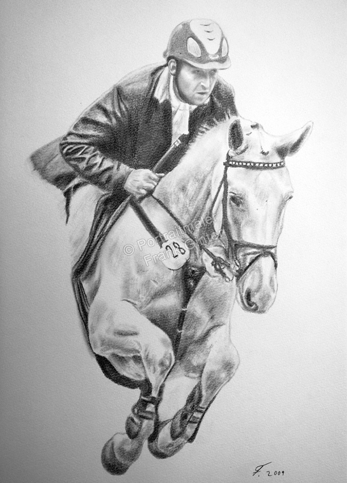 Pferdeportrait, ein Spring-Reiter auf seinem Pferd gezeichnet - Bleistiftzeichnungen