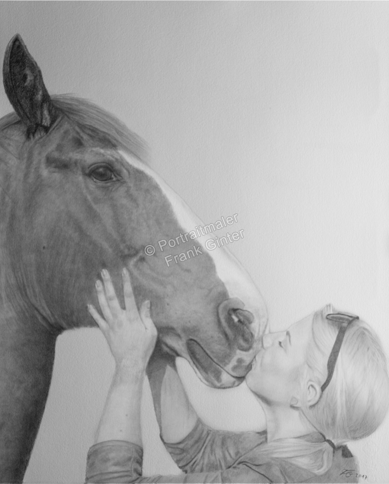 Pferdezeichnungen - Eine Frau küsst ihr Pferd - Bleistiftzeichnung